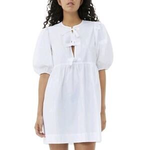 Ganni Tie-Front Organic Cotton- Poplin Mini Dress - White Size 8 Small Spot
